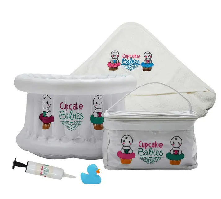Special Pack : Inflatable Small Bath for babies from birth up to 1 year + inflator + bath Cape + duck - Cupcake Babies Europe